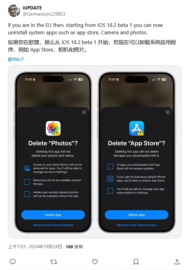 海陵苹果手机维修分享iOS 18.2 支持删除 App Store 应用商店 